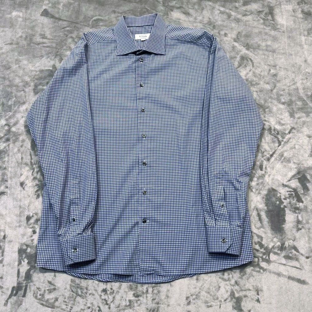 Eton Contemporary Men's Dress Shirt 18 46 XXL 100% Cotton Navy Blue Gingham Chec